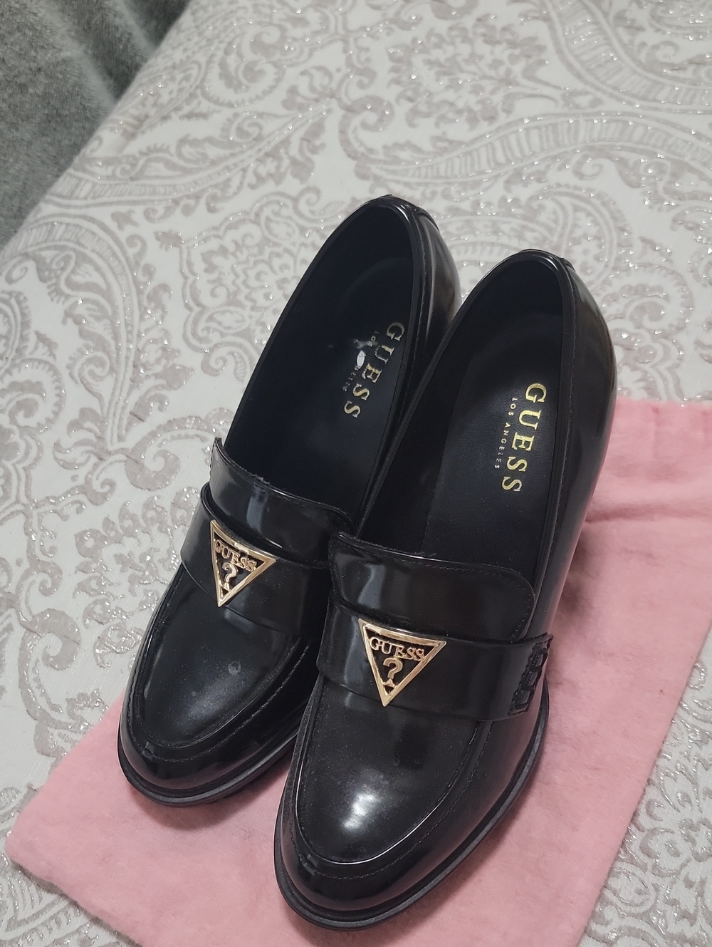GUESS Black Patent Leather Women's Loafers with Gold Triangle Logo